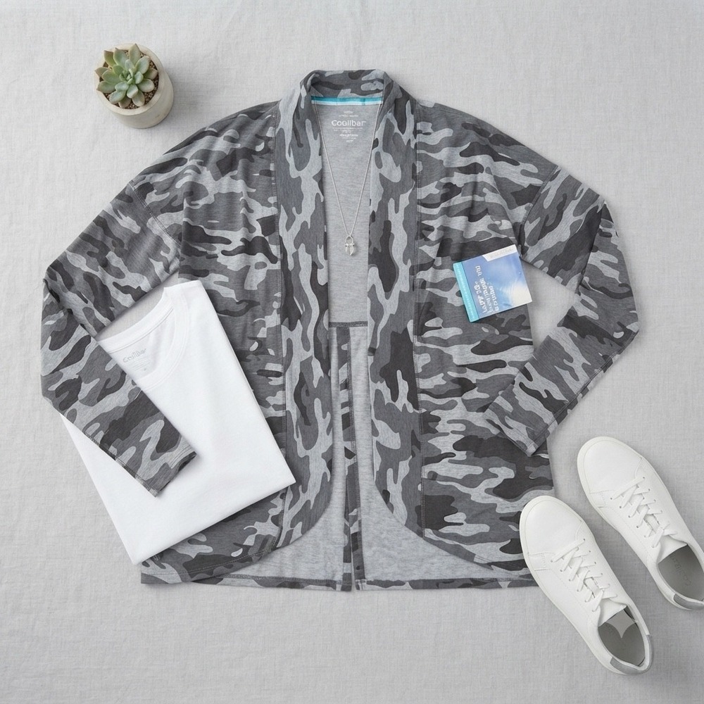NWT Coolibar Lumaleo Sun Wrap Womens‎ S Gray Camo UPF 50+ Cardigan